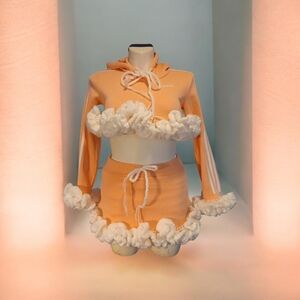 adidas Peach Orange Crop Hoodie & Mini Skirt Set with White Ruffle Trim